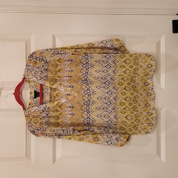 Ann Taylor Factory Boho Blouse. White, Navy, Tan, Chartreuse pattern. Medium - Picture 1 of 7